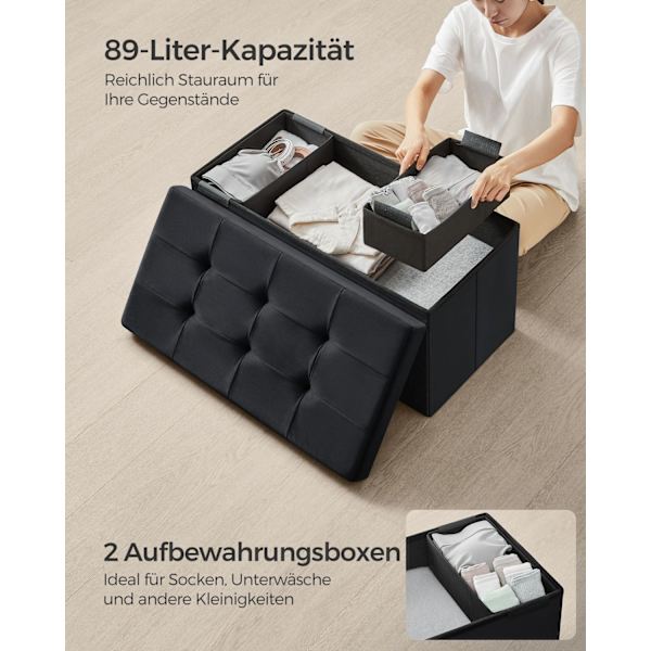 Rootz Velvet sædekiste - Opbevaring Ottoman - Polstret bænk - MDF konstruktion - 38cm x 76cm x 38cm - Blæk sort - 89L Kapacitet