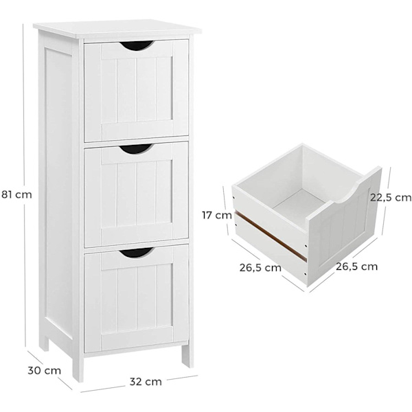 Rootz Opbevaringsskab - Badeværelsesskab - Kommode - 3 skuffer - Hvid - Stående skab - MDF - 32 x 30 x 81 cm