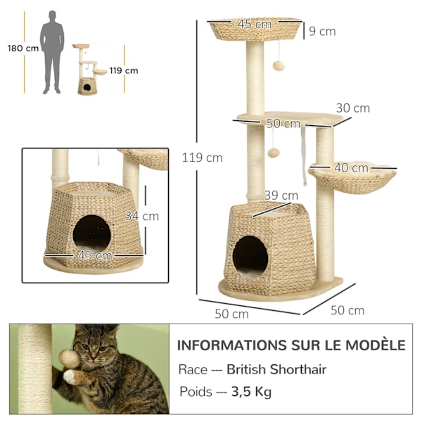 Rootz Cat Tree Climbing Tree - Scratching Board - Cat Play Tower - Armerad stabilitet - 50 cm x 50 cm x 119 cm
