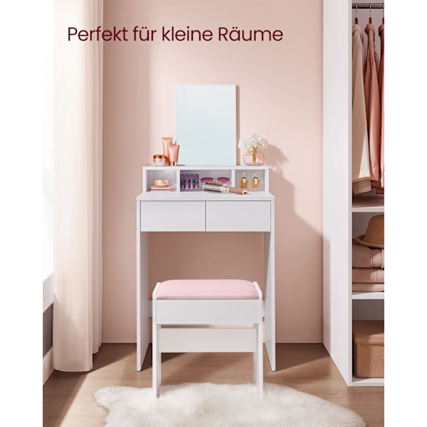Rootz Toiletbord med spejl og 2 skuffer - Vaskebord - Makeup skrivebord - Hvid - 40 cm x 60 cm x 127 cm - Ingen batterier påkrævet