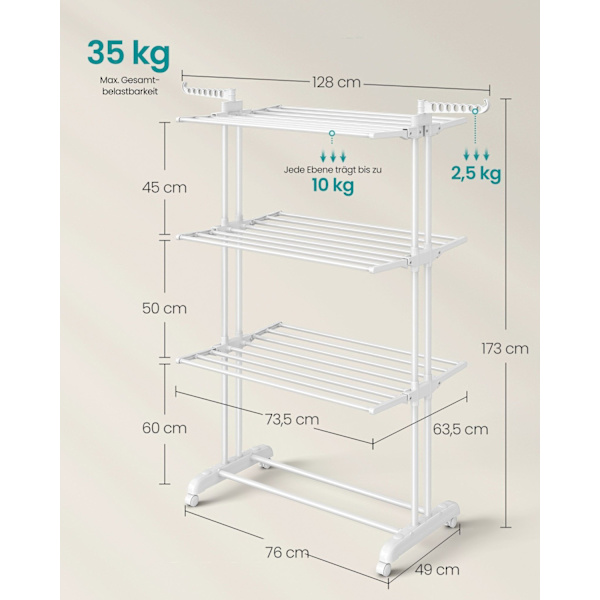Rootz 4-vånings torkställ med hjul - Torkställ för kläder - Tvätthållare - Stål & plast - 63,5 cm x 128 cm x 173 cm