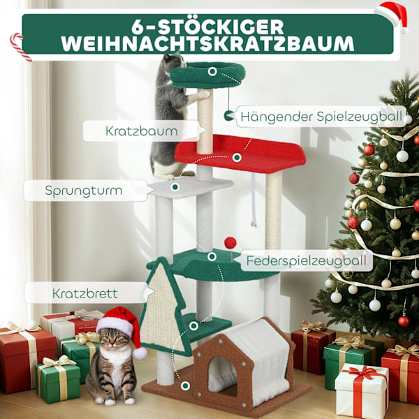 Rootz 135 cm Cat Scratching Post - Christmas Cat Tree - Play Tower - 6 Nivåer av kul - 60L x 45W x 135H cm
