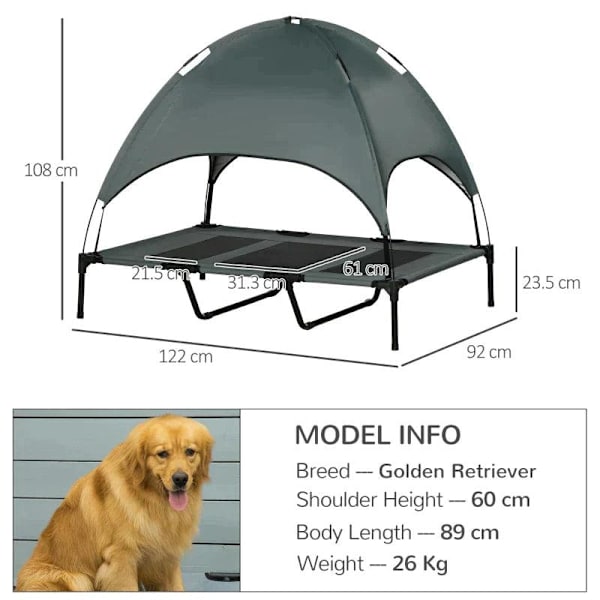 Rootz Pet Bed - Hundeseng - Udendørs hundeseng - Seng med baldakin - UV-beskyttelse - Åndbar - Grå - 122 x 92 x 108 cm
