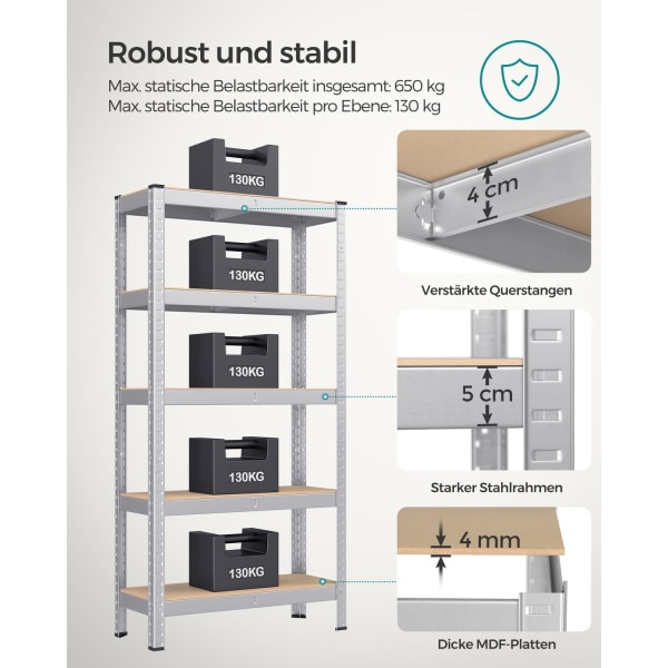 Rootz 2 Pack Säilytysteline - Hyllyyksikkö - Metallihyllyt - Raskas käyttö - Galvanoitu teräs - MDF - 30 cm x 75 cm x 150 cm - 18,6 kg - 130 kg Kapasi