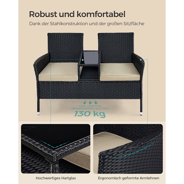 Rootz 3-osainen puutarhasohva - Ulkosohva - Terassikalusteet - Teräsrunko - 65cm x 131cm x 84cm - Musta-Taupe - Paino 13kg