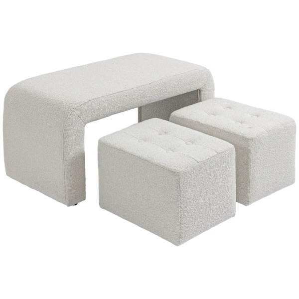 Rootz Footstool - Setti 3-osainen - Napin tikkaus - Silmukkalanka - Eukalyptuspuu - Kermanvärinen - 89 cm x 42,5 cm x 45 cm