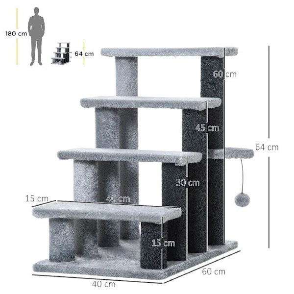 Rootz Pet Trappa - Katttrappa med skrapstolpe - 4-stegs hundtrappa - Djurtrappa - Spånskiva - Plysch - Grå - 60 x 40 x 64 cm