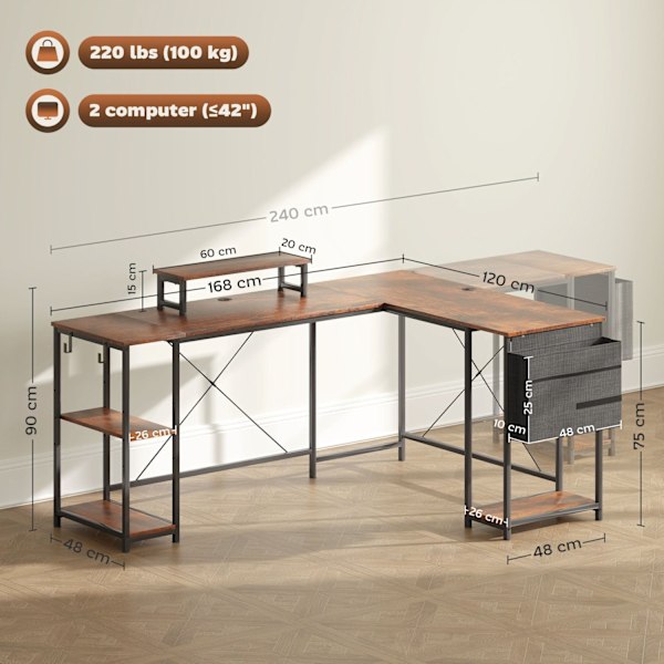 Rootz L -formet skrivebord - alsidig kontorbord - ergonomisk skærmstativ - justerbare hylder - 168 cm x 120 cm x 90 cm
