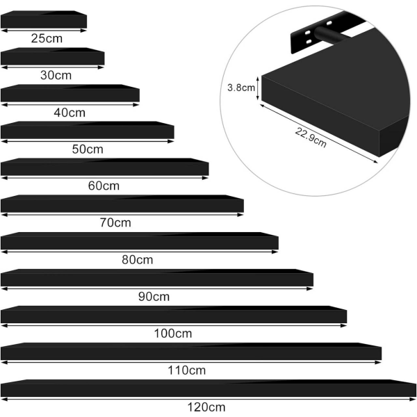 Rootz Set med 2 vägghyllor - Flytande hyllor - Displaykanter - Slitstark MDF - Mångsidig och snygg - Fuktbeständig - 25 cm till 120 cm x 22,9 cm x 3,8