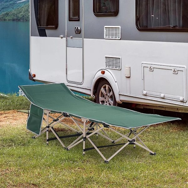 Rootz Camp Bed - Hopfällbar campingsäng - Militär sovsäng - Väderbeständig - Inkluderar tygpåse - Grön + Beige - 190cm x 68cm x 52cm