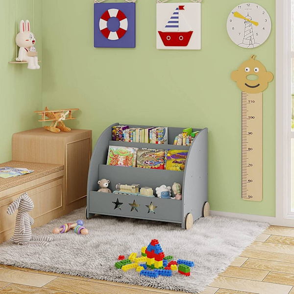 Rootz børnebogreol - Børnebogreol - Børnehavemøbler - Sikre ikke-giftige materialer - Engagerende stjernedesign - Mobil med stille hjul - 62 cm x 57 c