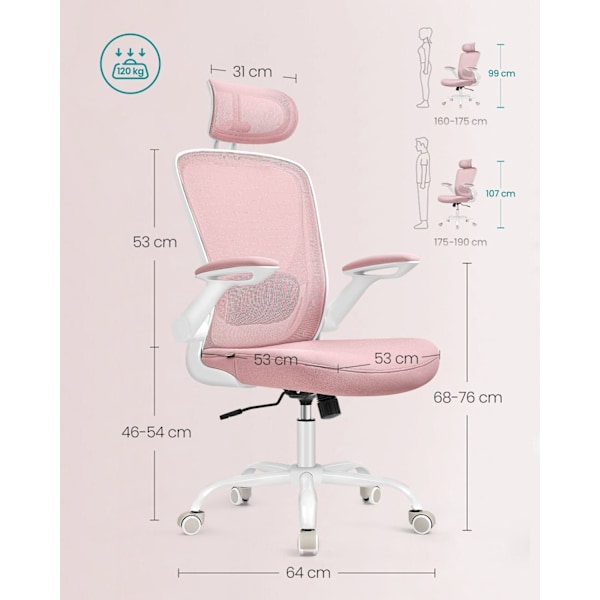 Rootz Ergonominen toimistotuoli - Keinutuoli - Kääntötuoli - Pastellin pinkki - Vaahtomuovipehmuste - 64cm x 64cm x (115-130cm) - Muovi, Nylon, Teräs