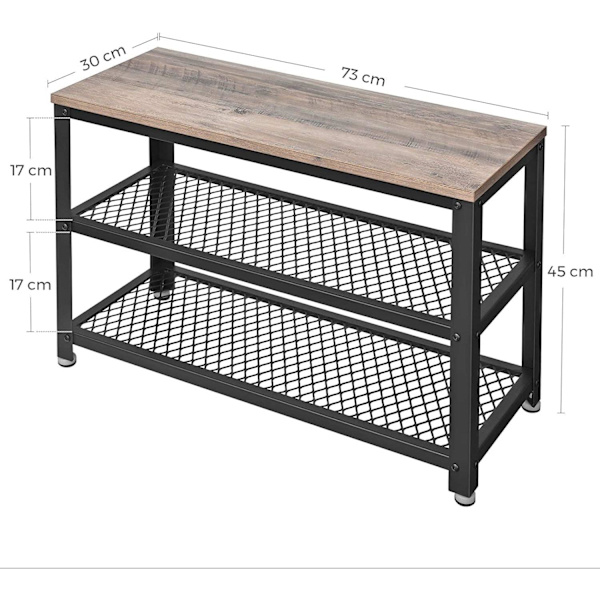Rootz Skobænk - Skostativ - Skoskab - Industrielt - trælook, grå-sort - 73 x 30 x 45