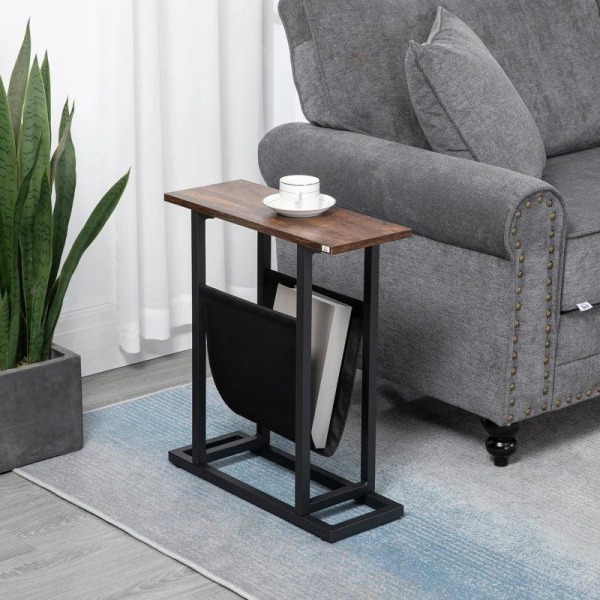 Rootz Sidebord - Sengebord - Sofabord - smalt design - Med stofpose - Stål - Mørkebrun + Sort - 49 x 19 x 55cm