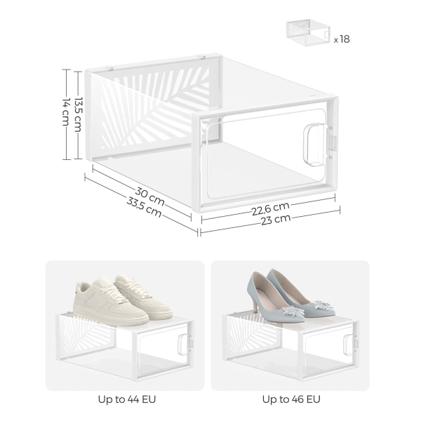Rootz 18 Pack läpinäkyvät valkoiset kenkälaatikot - Säilytysastiat - Kenkien järjestelyt - PET-runko - ABS-kehys - 33,5 cm x 23 cm x 14 cm