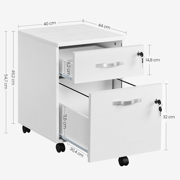 Rootz Låsbar Rullebeholder - Hvidt arkivskab - Opbevaringsskab - Sengebord - Sidebord - 5 hjul - E1 MDF - PVC - 44cm x 40cm x 54,5cm