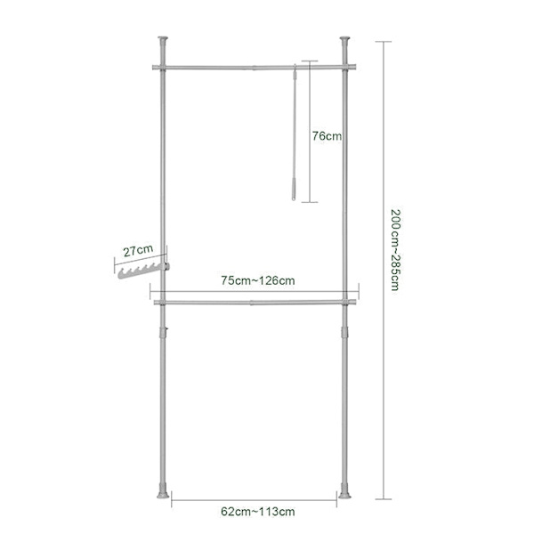 Rootz justerbar teleskopisk klädstång - Garderobshållare - Hyllsystem - Platsbesparande - Enkel montering - Variabel storlek 62-113cm x 200-285cm