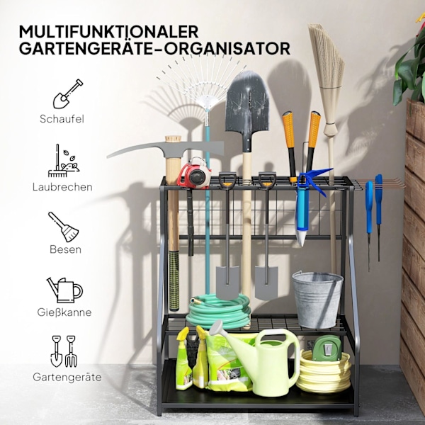 Rootz Garden Tool Storage Frame - Garden Tool Organizer - 3 -trins hylde - Rustresistente metal - 84 cm x 53 cm x 73 cm - Sort