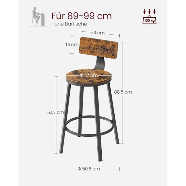 Rootz Vintage Brown-Black 2-osaiset baarituolit - Työpöytäjakkarat - Lastulevy teräs - Kompakti muotoilu - Helppo koota - Tukeva rakenne - 37 cm x 62,