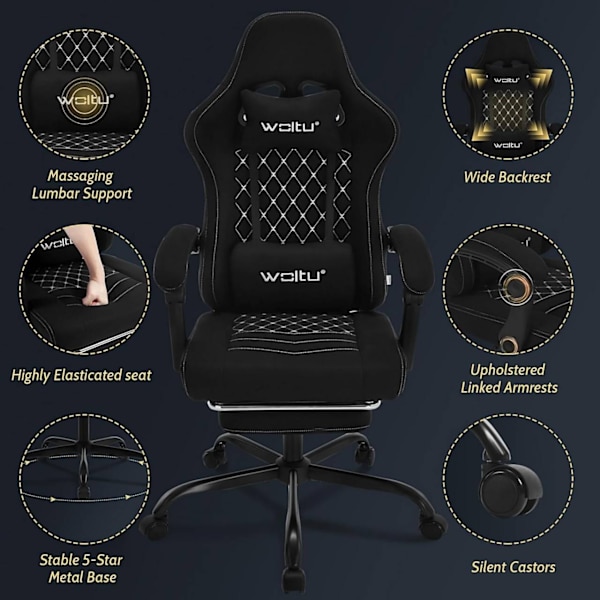 Rootz Massage Gaming Chair - Ergonomisk kontorsstol - Reclining Gamer Chair - Mesh-tygsits - Svankstöd - Justerbart nackstöd - 64cm x 127cm x 54cm