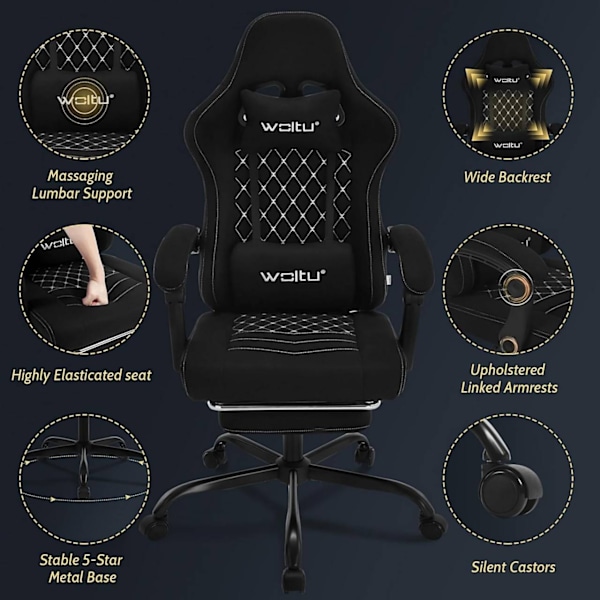 Rootz Massage Gaming Chair - Ergonomisk kontorstol - Tilbagelænet Gamer Chair - Mesh stof Sæde - Lændestøtte - Justerbar nakkestøtte - 64cm x 127cm x