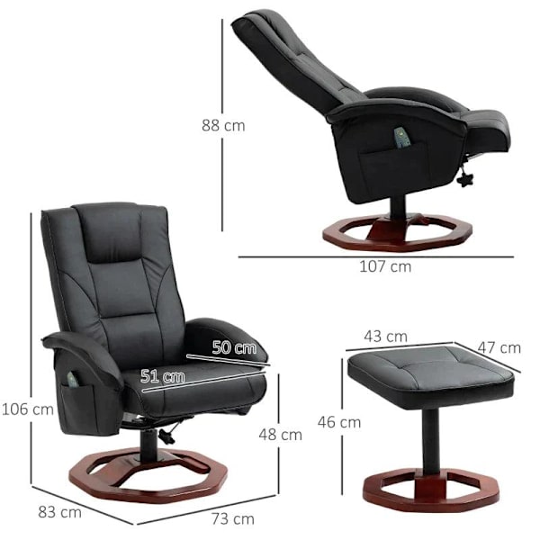 Rootz Massagestol - Afslapningsstol - Med fodskammel - 10 massagepunkter - Liggefunktion - Roterende sæde - Sort - 73 x 83 x 106cm