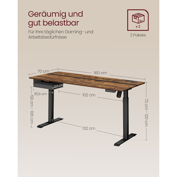Rootz Elektriskt stående skrivbord - Justerbart skrivbord - Sit Stand-skrivbord - Spånskiva/solid stål - 70cm x 160cm x 72-120cm - Whisper Quiet - 1,5