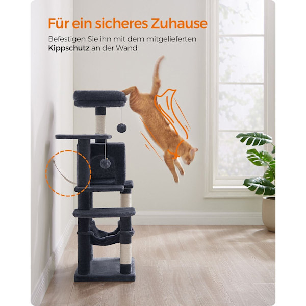 Rootz Cat Scratching Post - Kitty Tower - Cat Tree - Chipboard Plysch - Sisal - 45cm x 35cm x 112cm - Smoke Grey - Idealisk för 4 katter - 40 kg Kapac