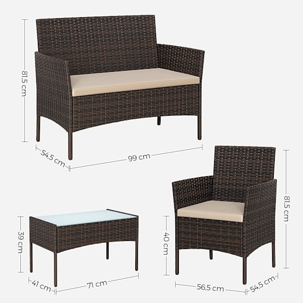 Rootz 4-delad balkongmöbelset - Uteplatsset - Trädgårdsstolar - Terrasssittgrupp - Galvaniserad metallstomme - PE Polyrattan - 56,5cm x 54,5cm x 81,5c