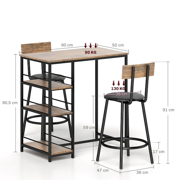 Rootz 3 -delat ätuppsättning med barbord - Small Kitchen Set - Space Saving Dining - Extra förvaring, 90 x 50 x 90,5 cm bord, 36 x 47 x 91 cm stolar