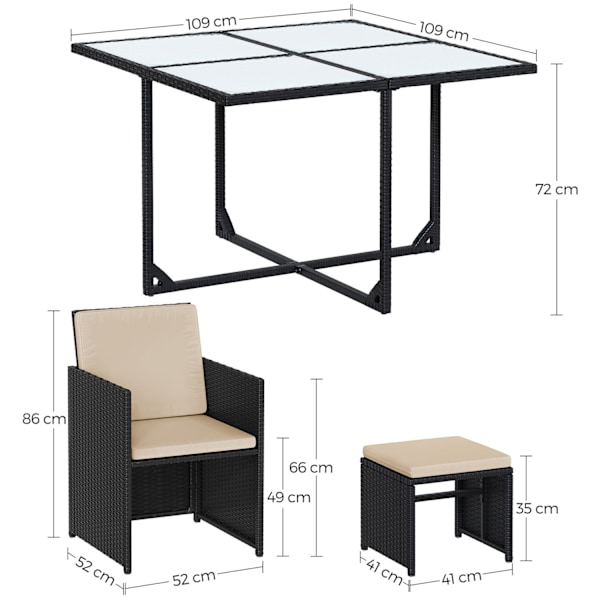 Rootz 9-osainen ulkohuonekalusetti - Patiosarja - PE polyrottinki - Tilaa säästävä muotoilu - 52cm x 52cm x 86cm