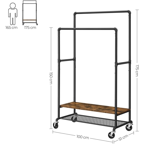 Rootz Klädställ - 2 stavar - Klädställ - Industriell - Hjul - Brun - Svart - Bearbetat trä - Metall - 100 x 51 x 150/175 cm