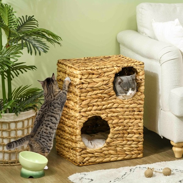 Rootz Cat Tower - Skrapstolpe - Trevånings kattlägenhet - Tvättbara kuddar - Naturligt vattenhyacint - 40 cm x 31 cm x 55 cm