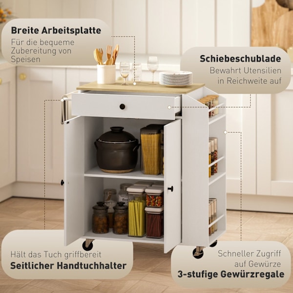Rootz Kitchen Cart with Drawer - Mobile Storage - Versatile Trolley - Justerbara hyllor - 82 x 38 x 86,5 cm - Vit och brunt