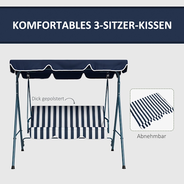 Rootz Hollywood Swing Garden Seat - 3 -sits swing - utomhusbänk - väderbeständig - justerbart tak - 172 cm x 110 cm x 153 cm - blått och vitt