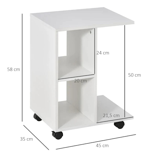 Rootz C Shape Side Table - Coffee Table - Stand Table - Corner Desk -Portable Sofa Table with Shelf - Wheels for Small Area - E1 Chipboard - White - 4
