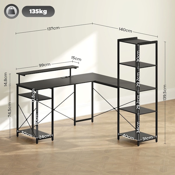 Rootz L Form Desk - Corner Computer Desk - Ergonomic Office Table - Laddningsstation - 137 cm x 140 cm x 139,5 cm