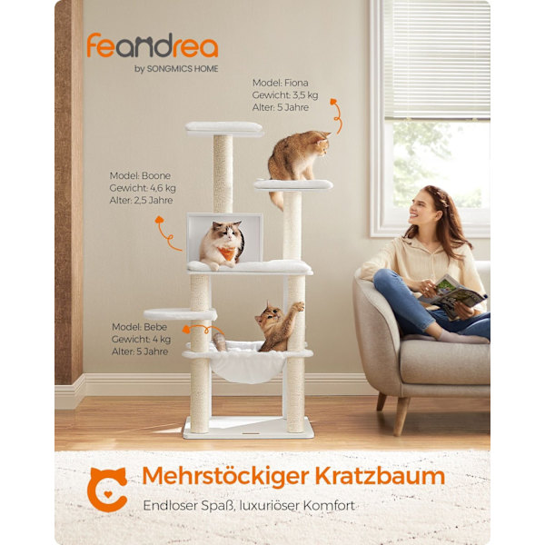 Rootz Cat-kradsestolpe - Kattetræ - Katteklatrestativ - Spånpladekonstruktion - Plysbeklædning - Sisal-reb - 55cm x 45cm x 138cm