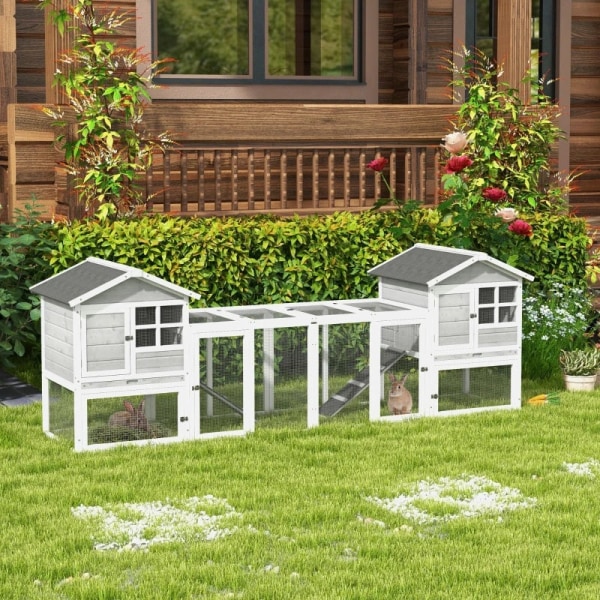 Rootz Small Animal Hutch - Dubbelt huvudhus - Marsvinshår - Bunny Run - Trä Small - Run Box - Utdragbar bricka - Ramp - Grå - 259 x 64 x 92 cm
