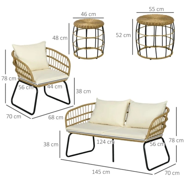 Rootz Havemøbler - Sædehynder - Loungesæt - Udendørs siddegruppe - Boho Style - 5-delt sæt - PE Rattan-polyester - Creme - Naturlig - Sort - 145 X 70