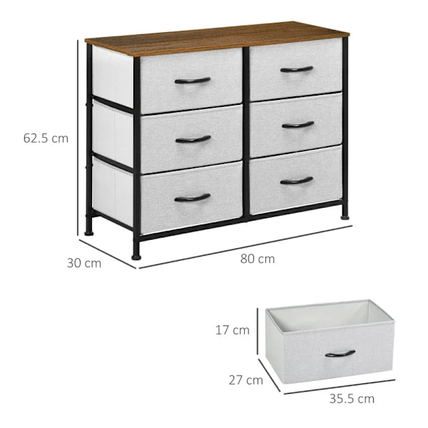 Rootz kommode - Skænk - 6 skuffer - Stofskuffer - Kommode til industriel soveværelse - Vuggestue - Stue - Entre - Brun + Sort + Grå - 80 cm x 30 cm x