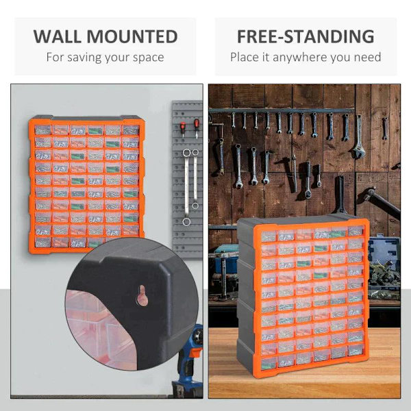 Rootz Storage Cabinet - Parts Organizer - Wall Mount - 60 Drawers - Orange - L38 x W16 x H47.5 cm