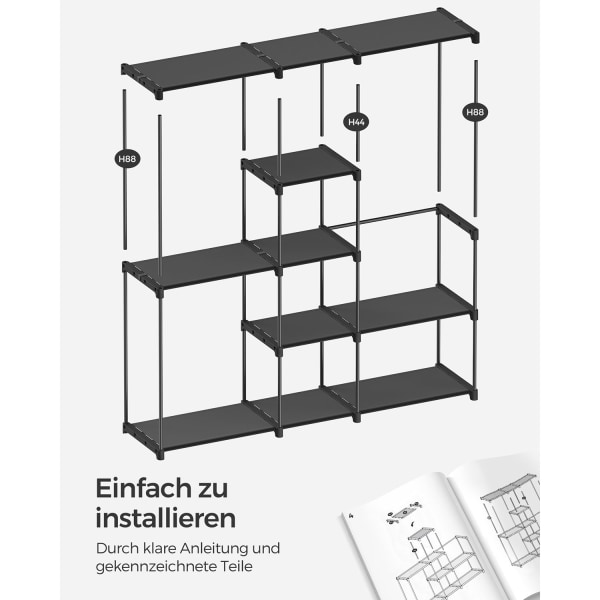 Rootz Portable Black Open garderobe - Tøjstativ - Skabsorganisering - Stålramme - Ikke-vævede stofhylder - Plastforbindelser - 43 cm x 182 cm x 182 cm