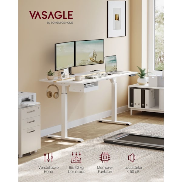 Rootz elektrisk stående skrivebord - Justerbart bord - Sit Stand-skrivebord - Spånplader og stål - 70cm x 160cm x (72-120)cm - Cloud White-Golden Oak
