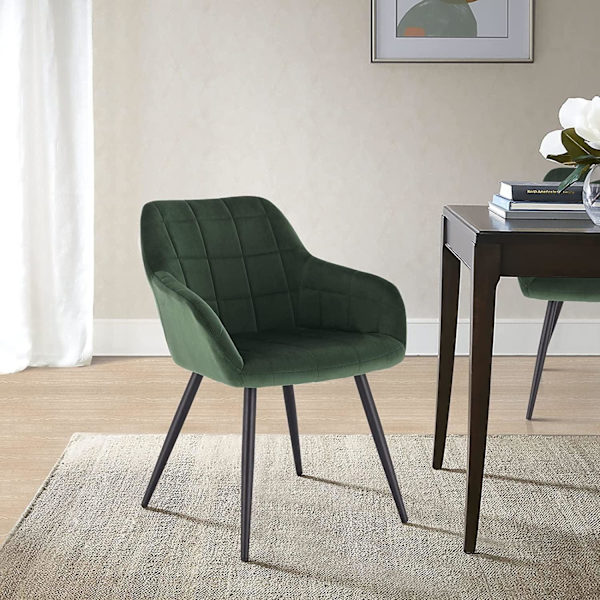 Rootz Set med 6 matstolar - Fåtöljer - Sammetssittplatser - Bekväm och ergonomisk - Stabil och hållbar - Mångsidig design - Mörkgröna metallben - 49cm
