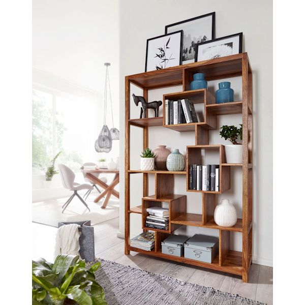 Rootz Bogreol Solid Sheesham Wood - Stor reol - Rumdeler - Håndlavet unikt design - Rigelig opbevaringsplads - 180 cm x 115 cm x 40 cm