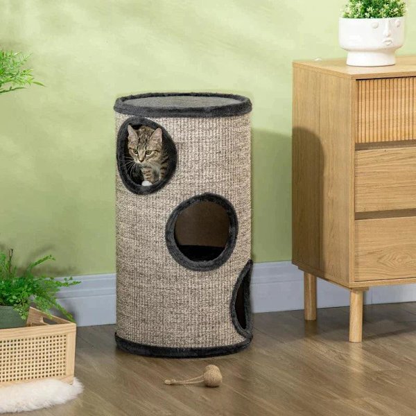 Rootz Scratch Barrel - Scratching Barrel - 3-lagers Scratcher Barrel - Inkluderar sisalrep - Scratcher Pad - Cat Scratcher - Grå - 38cm x 38cm x 70cm