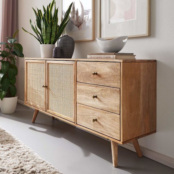 Rootz designskänk 140x75x40 cm massivt mangoträ - byrå med 3 lådor - Hög byrå av massivt trä - Ståskåp vardagsrum - 2 dörrfack
