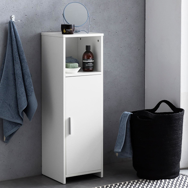 Rootz skab 30 x 95,5 x 30 cm hvidt træ med dør og opbevaringsrum Lille badeværelsesskab sideskab stående - Badeværelseshylde smal fritstående badevære