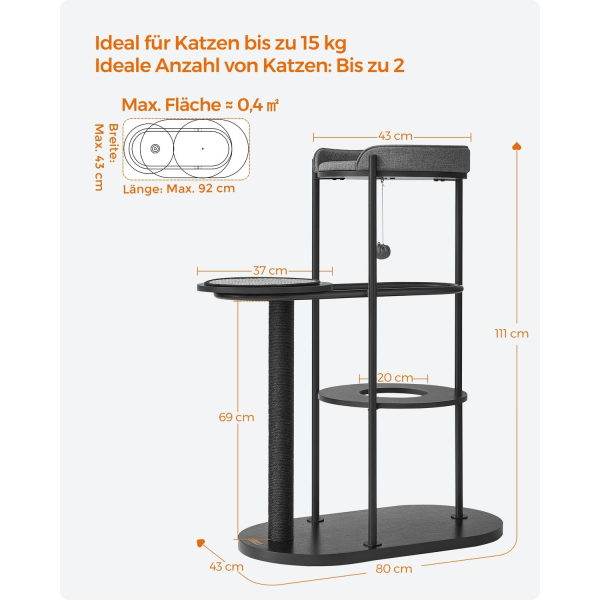 Rootz Classic Musta raapimistolppa - Kissapuu - Kiipeilytorni - Teräsrunko - Lastulevytasot - Sisalköysi - 80 cm x 43 cm x 111 cm - 15,4 kg - 60 kg Su